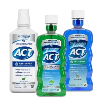 Front of packaging of three best-selling Adult Oral Care products from ACT® including: Whitening Mouthwash, Anticavity Mouthwash and Restoring Mouthwash