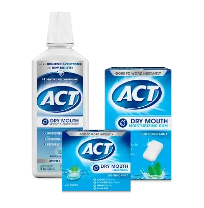 Front of packaging of three best-selling Dry Mouth Care products from ACT® including: Dry Mouth Mouthwash, Dry Mouth Gum and Dry Mouth Lozenges