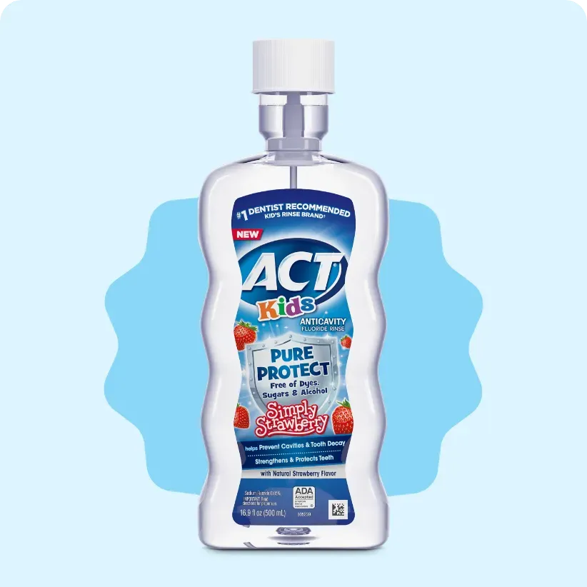 Packaging of ACT® Kids Pure Protect Mouthwash bottle and benefit statements.