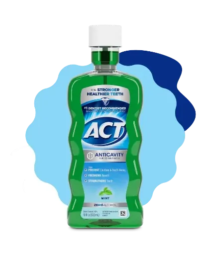  Front of packaging of ACT® Anticavity Mouthwash with an accompanying 5 star customer review about the product