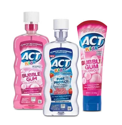 Front of packaging of three best-selling Kids Oral Care products from ACT® including: Bubblegum Blowout Kids Mouthwash, Kids Pure Protect Simply Strawberry Mouthwash and Bubblegum Blowout Kids Toothpaste