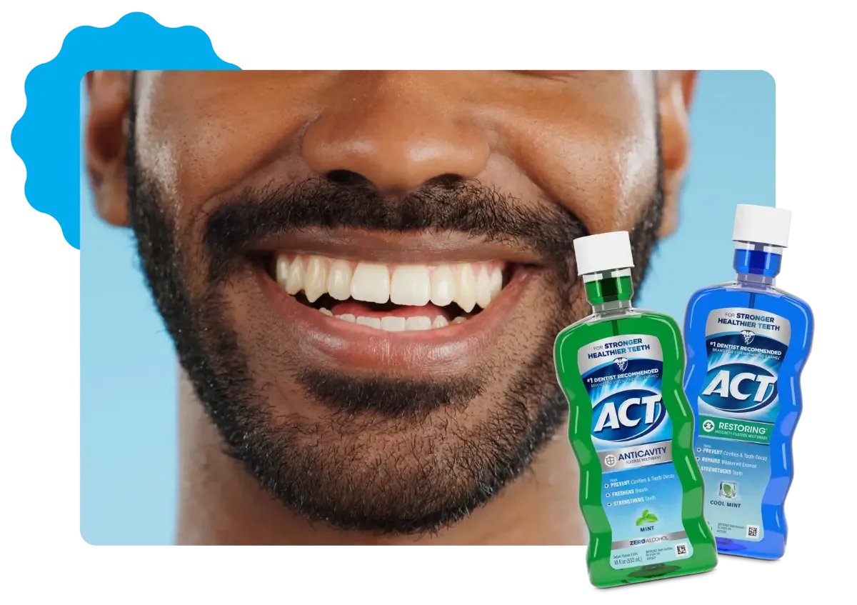 A close-up of a man's healthy smile and the front of packaging of ACT® Anticavity Mouthwash and ACT® Restoring Mouthwash with messaging to try a quiz to Find Your ACT®