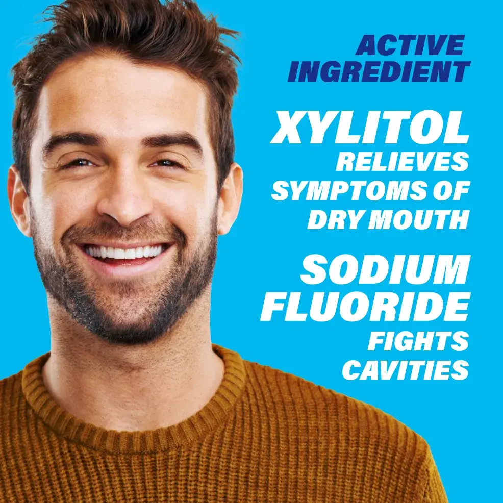 Packaging of ACT® Dry Mouth Mouthwash bottle and benefit statements.