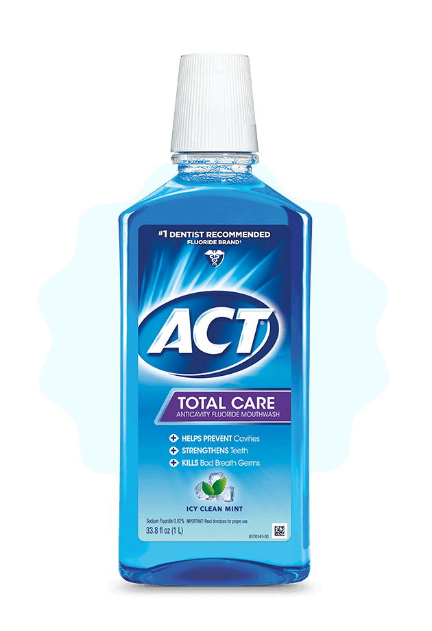 Front and back of ACT® Total Care mouthwash bottles in a variety of flavors.