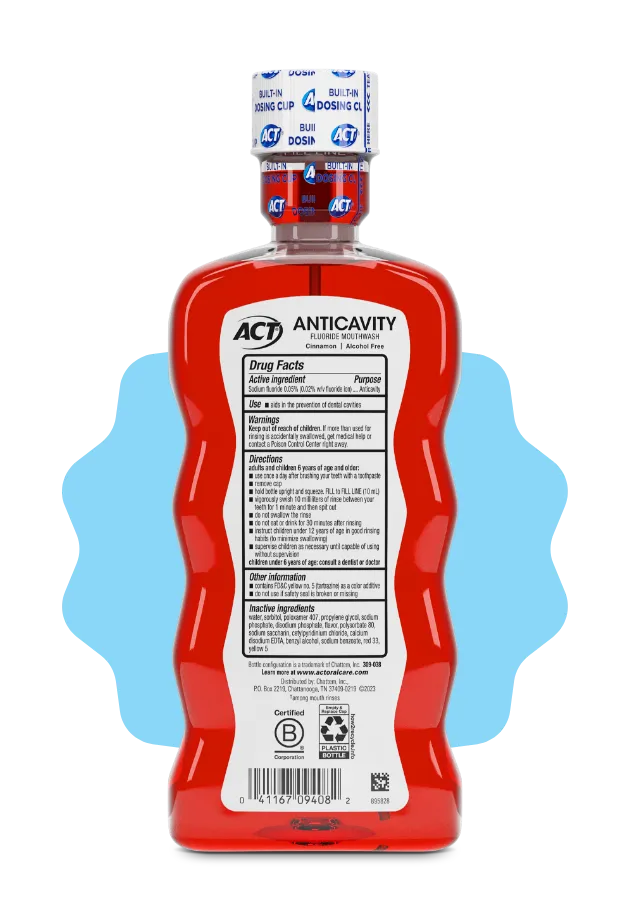 Front and back of ACT® Anticavity Mouthwash bottles in a variety of flavors.