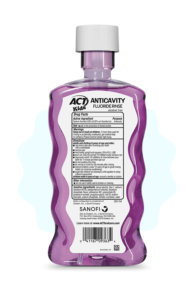 Front and back of ACT® Kids Mouthwashes in a variety of flavors.