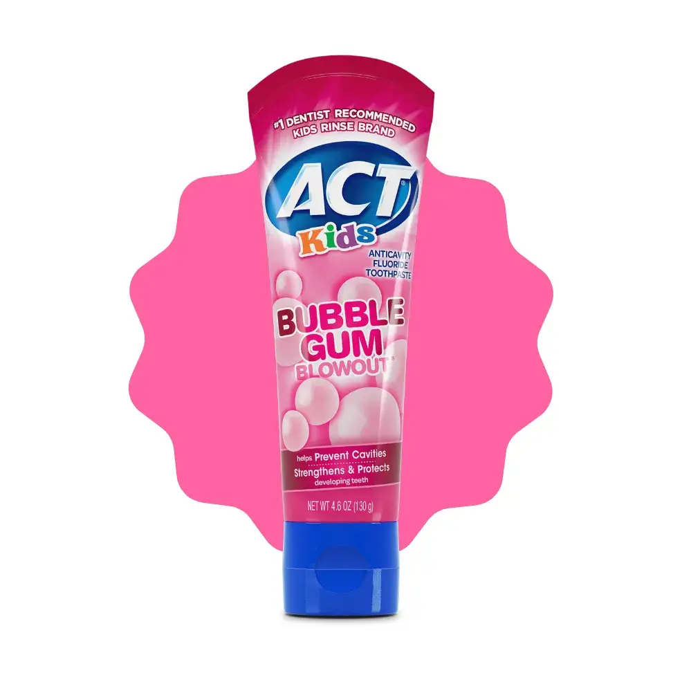 Packaging of ACT® Kids Toothpaste tubes in a variety of flavors and benefit statements.