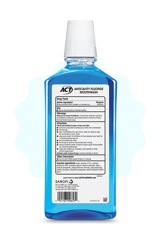 Front and back of ACT® Total Care mouthwash bottles in a variety of flavors.