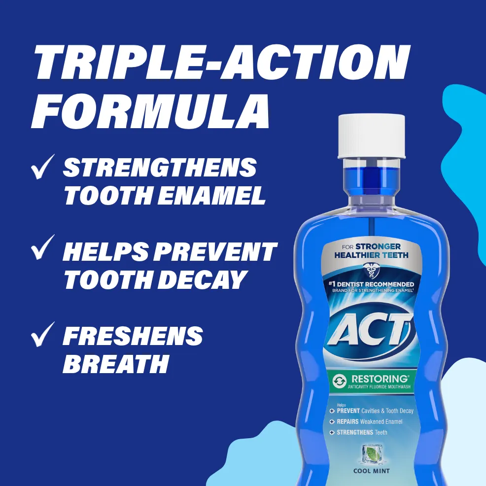 Packaging of ACT® Restoring Mouthwash bottle and benefit statements.