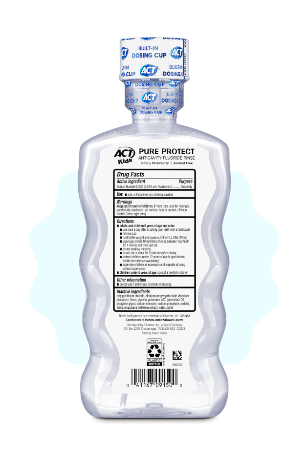 Front and back of ACT® Kids Mouthwashes in a variety of flavors.
