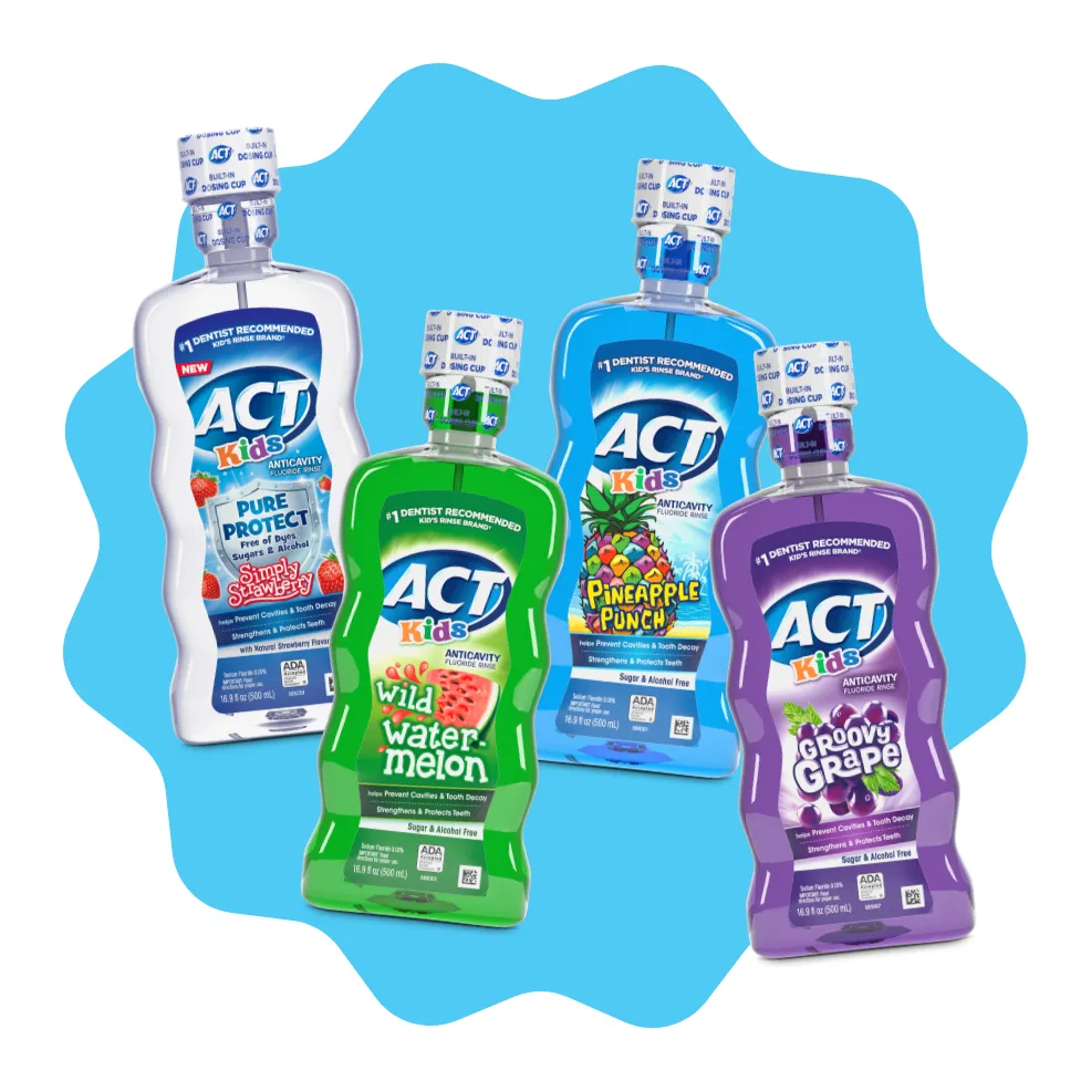 Packaging of ACT® Kids Mouthwash bottles in a variety of flavors and benefit statements.