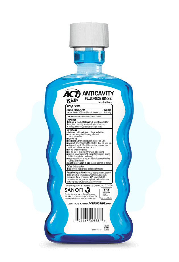 Front and back of ACT® Kids Mouthwashes in a variety of flavors.
