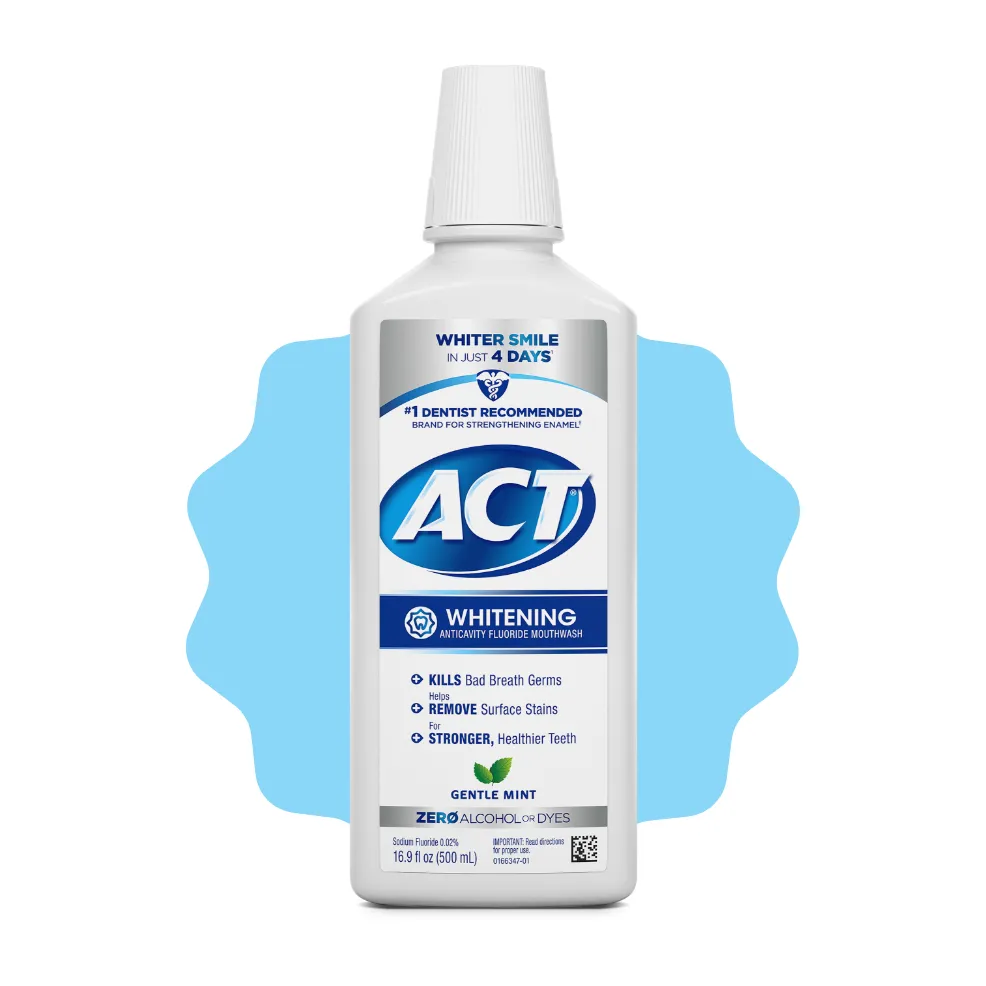 Packaging of ACT® Whitening Mouthwash bottle and benefit statements.