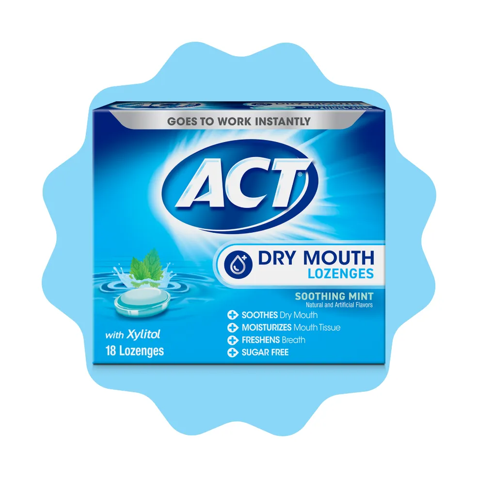 Packaging of ACT® Dry Mouth Lozenges in a variety of flavors and benefit statements.