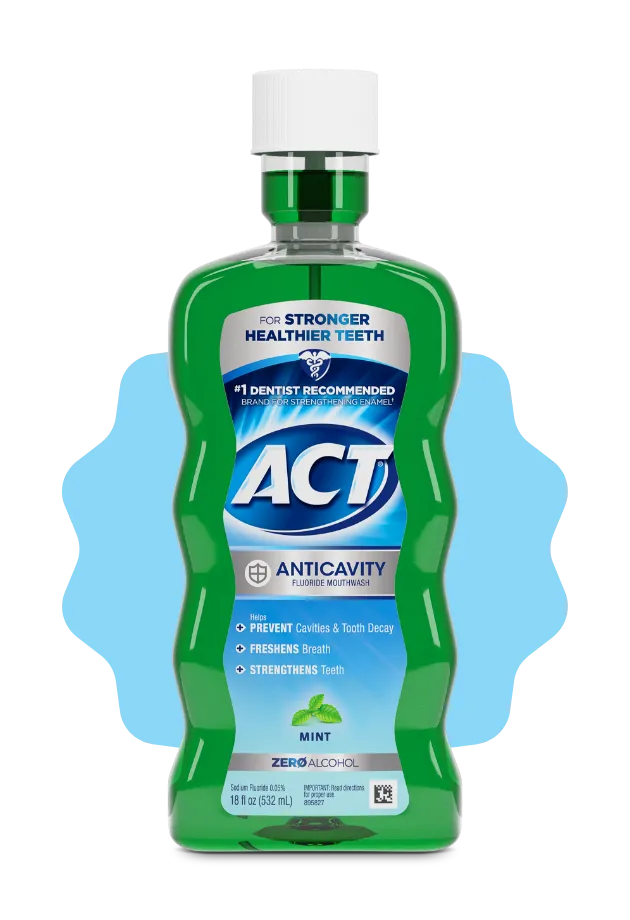 Front and back of ACT® Anticavity Mouthwash bottles in a variety of flavors.
