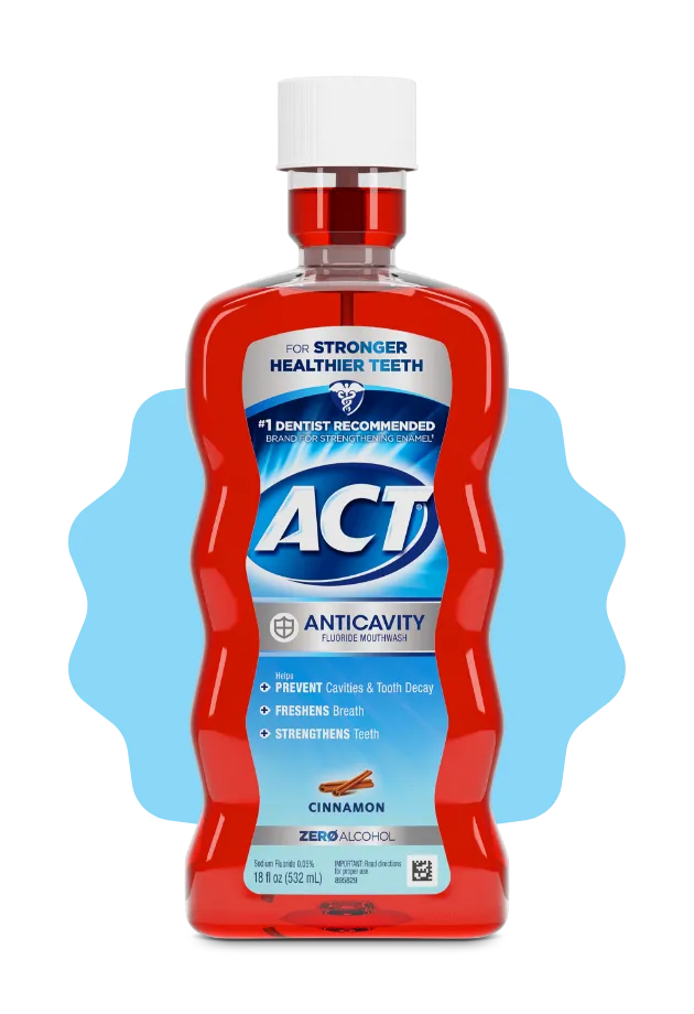 Front and back of ACT® Anticavity Mouthwash bottles in a variety of flavors.