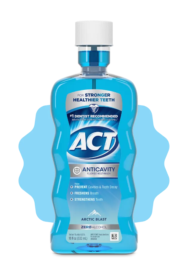 Front and back of ACT® Anticavity Mouthwash bottles in a variety of flavors.