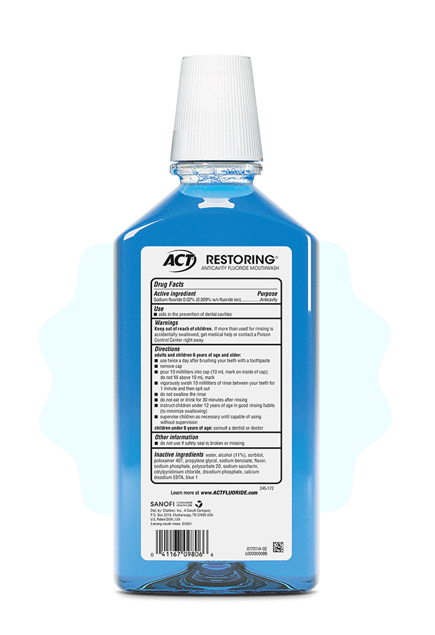 Front and back of ACT® Restoring bottles in two flavors.