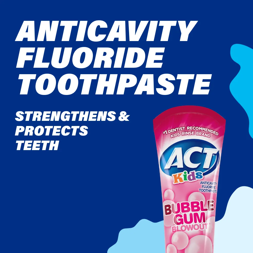 Packaging of ACT® Kids Toothpaste tubes in a variety of flavors and benefit statements.