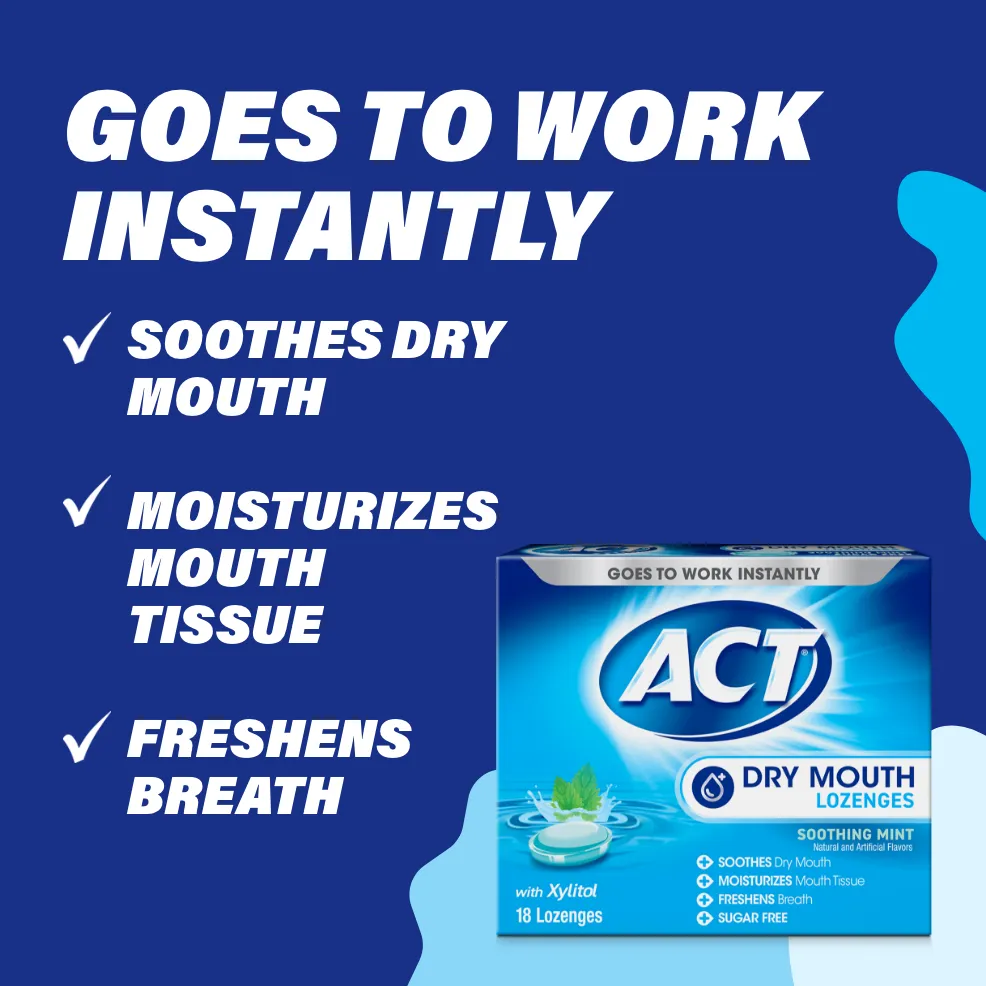 Packaging of ACT® Dry Mouth Lozenges in a variety of flavors and benefit statements.