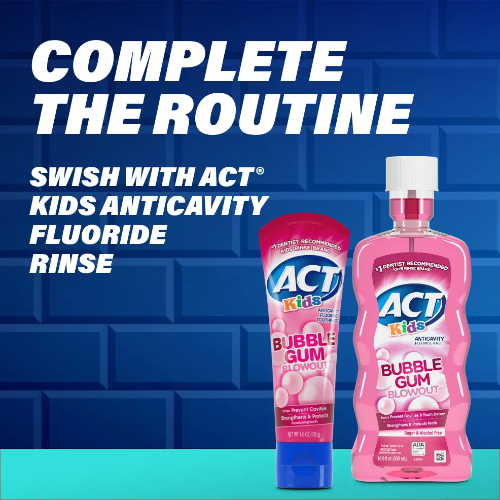 Packaging of ACT® Kids Toothpaste tubes in a variety of flavors and benefit statements.