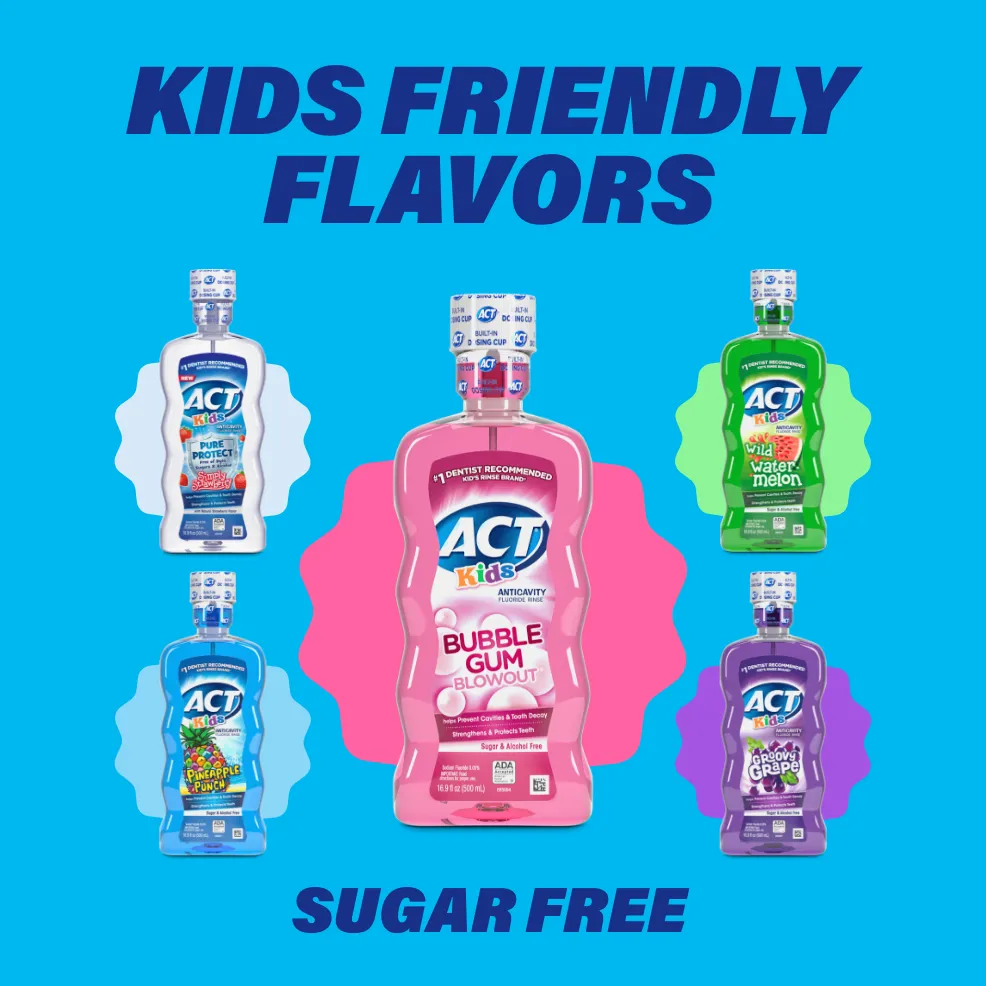 Packaging of ACT® Kids Mouthwash bottles in a variety of flavors and benefit statements.