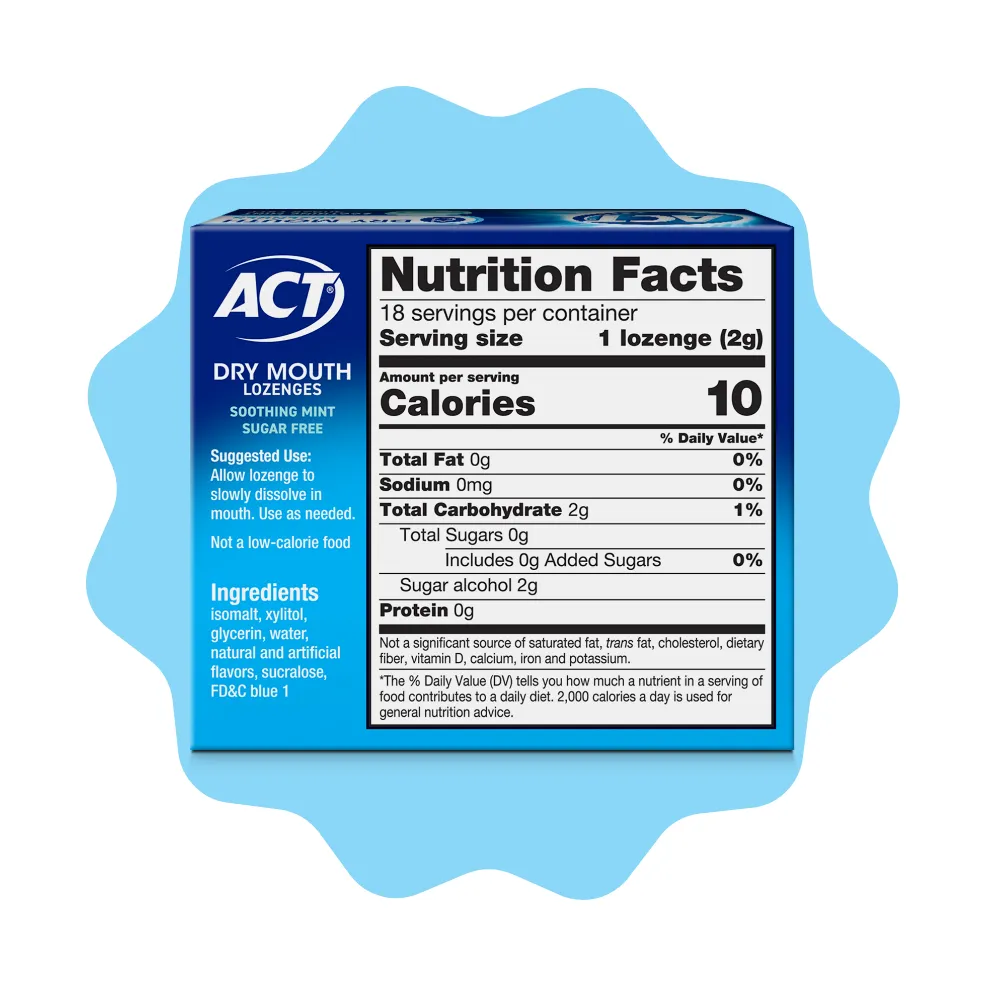 Packaging of ACT® Dry Mouth Lozenges in a variety of flavors and benefit statements.