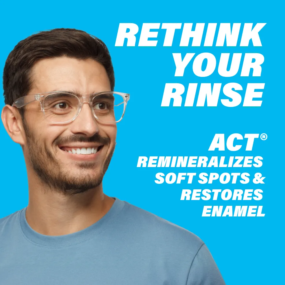 Packaging of ACT® Restoring Mouthwash bottle and benefit statements.