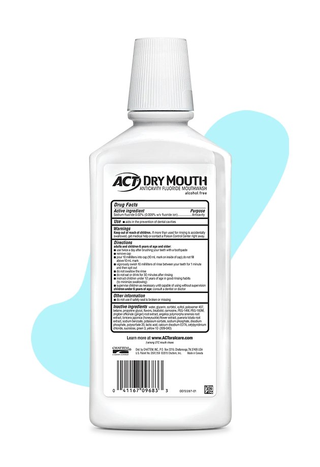 Front and back of ACT® Dry Mouth Mouthwash bottle.