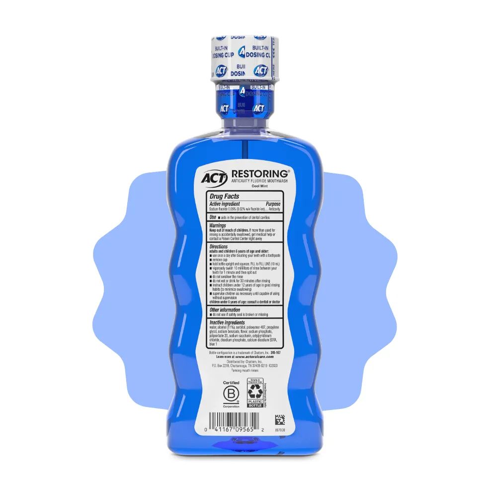 Packaging of ACT® Restoring Mouthwash bottle and benefit statements.