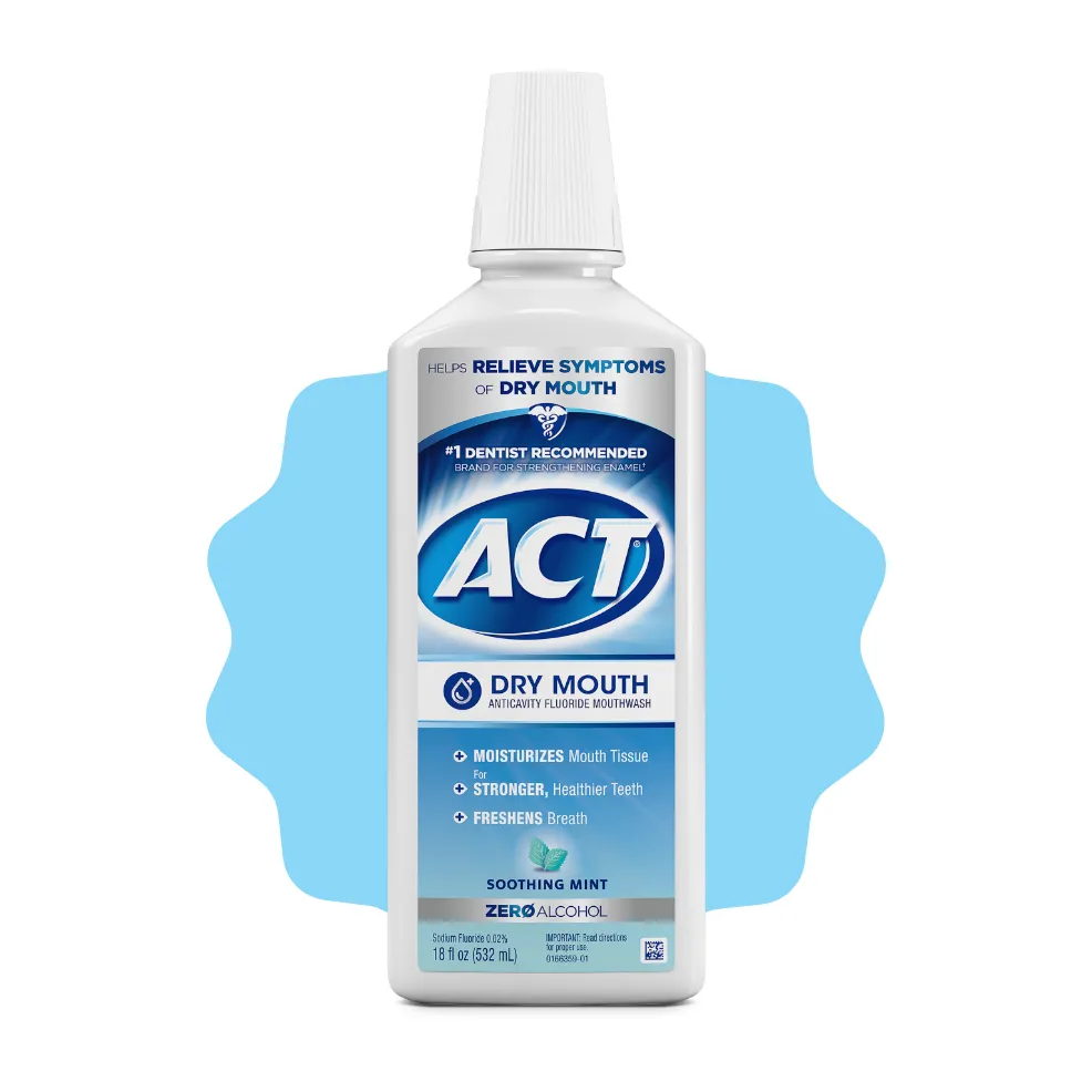 Packaging of ACT® Dry Mouth Mouthwash bottle and benefit statements.