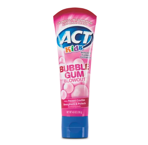 Front of ACT® Kids Toothpaste tube in Bubblegum flavor with instructions to swipe for instructions on how to recycle the tube