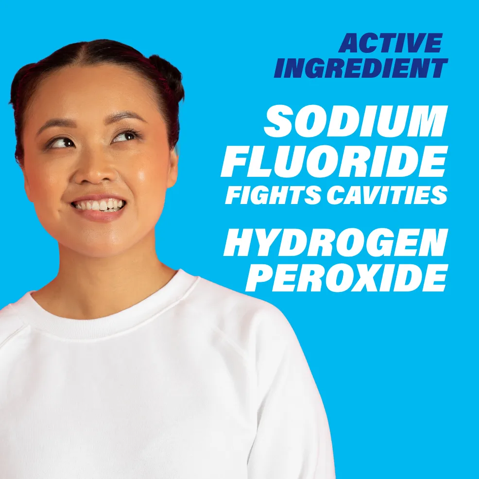 Packaging of ACT® Whitening Mouthwash bottle and benefit statements.