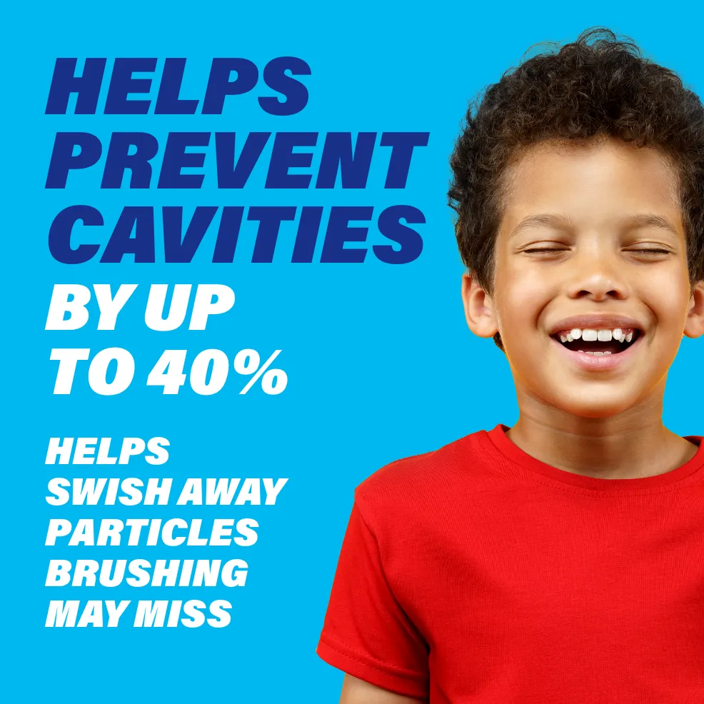 Packaging of ACT® Kids Mouthwash bottles in a variety of flavors and benefit statements.