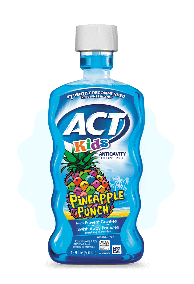 Front and back of ACT® Kids Mouthwashes in a variety of flavors.
