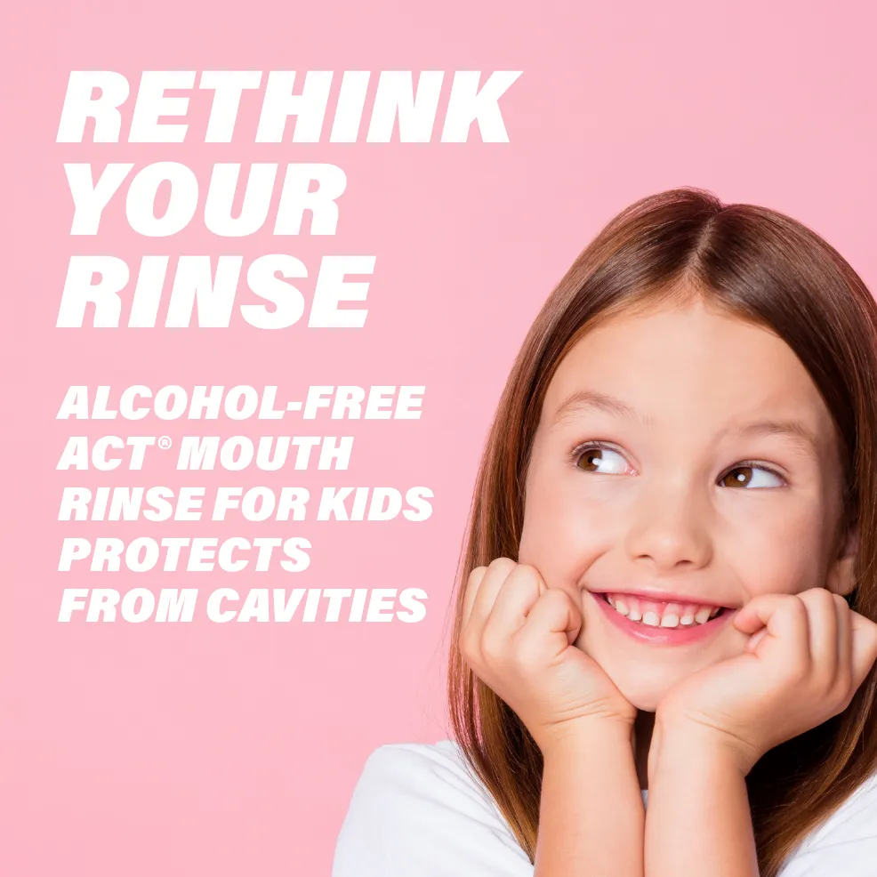 Packaging of ACT® Kids Mouthwash bottles in a variety of flavors and benefit statements.