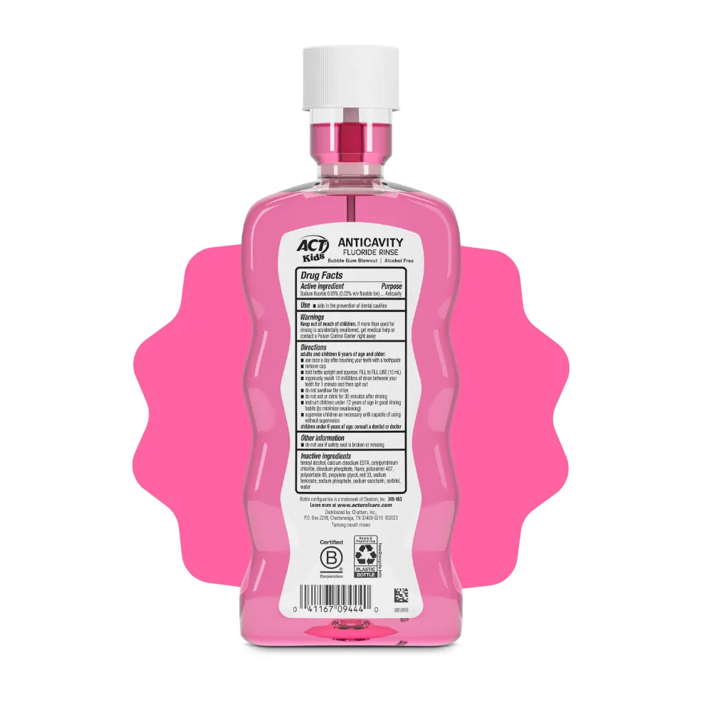 Packaging of ACT® Kids Mouthwash bottles in a variety of flavors and benefit statements.