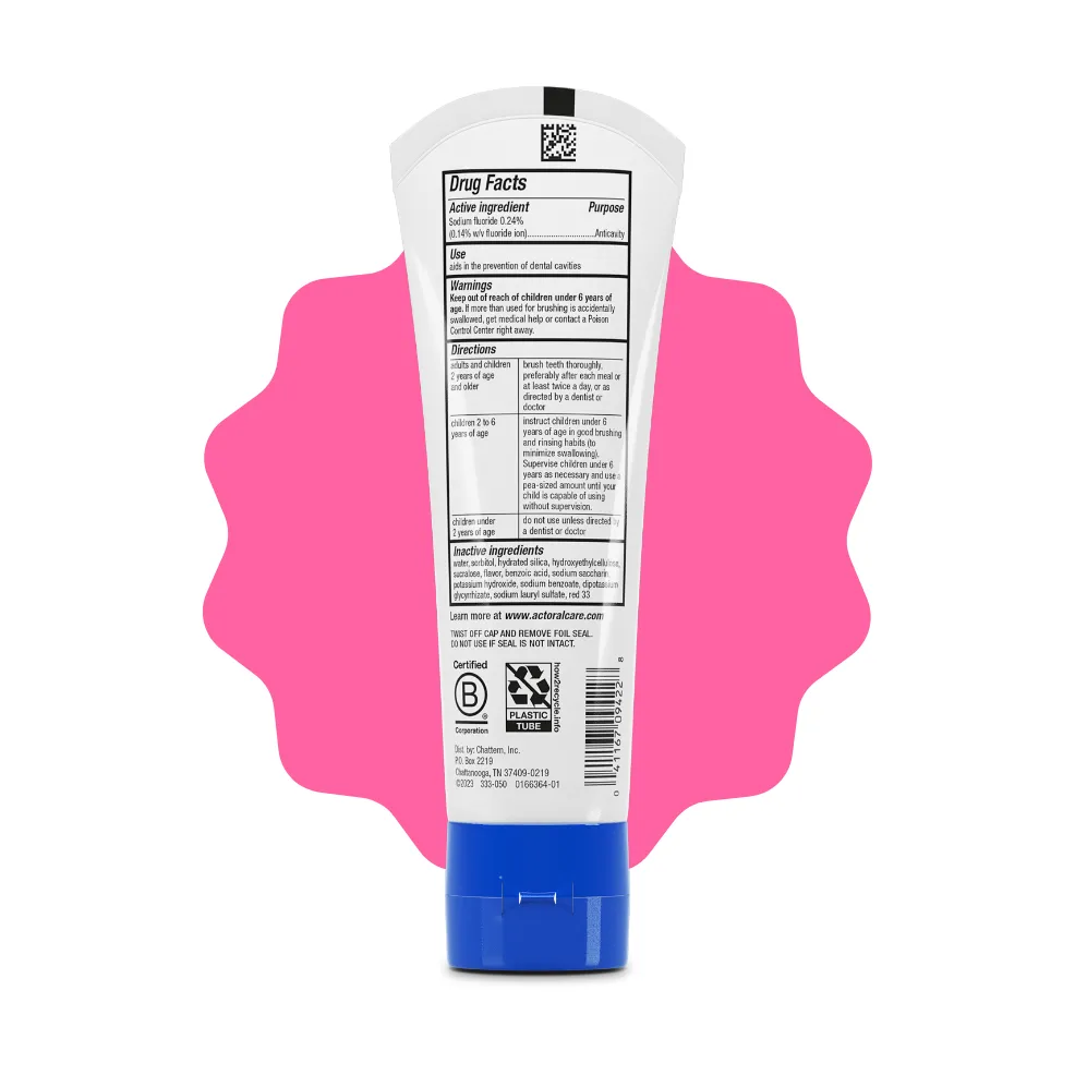 Packaging of ACT® Kids Toothpaste tubes in a variety of flavors and benefit statements.