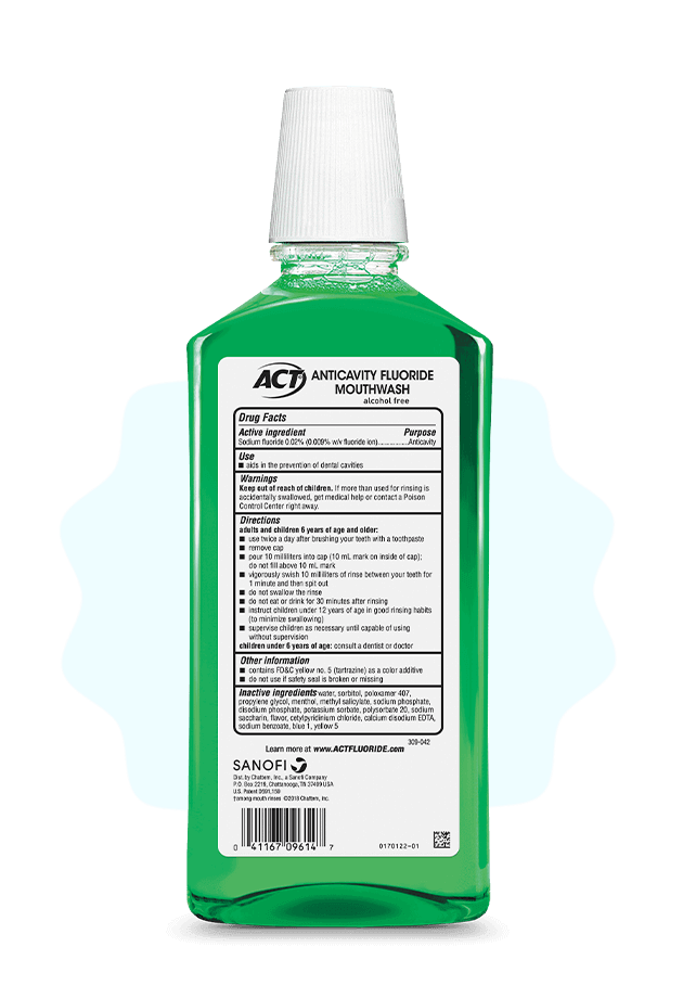 Front and back of ACT® Total Care mouthwash bottles in a variety of flavors.
