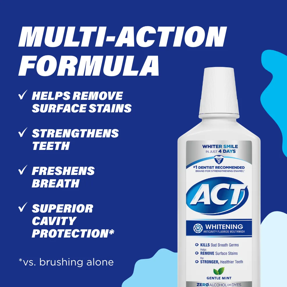 Packaging of ACT® Whitening Mouthwash bottle and benefit statements.