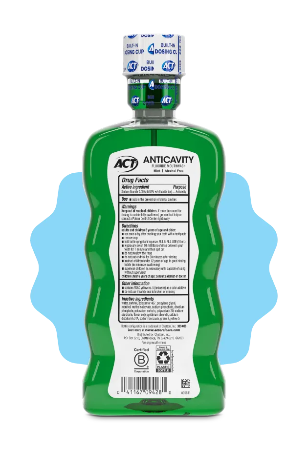 Front and back of ACT® Anticavity Mouthwash bottles in a variety of flavors.