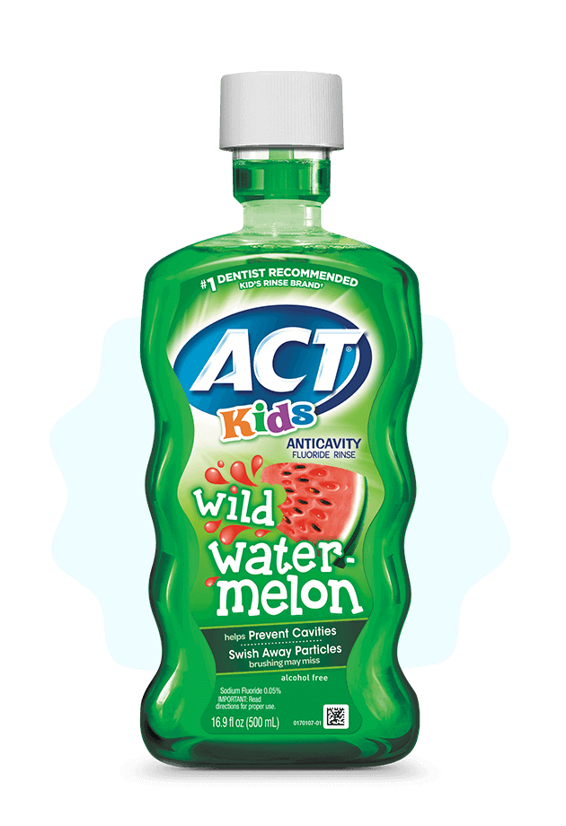 Front and back of ACT® Kids Mouthwashes in a variety of flavors.