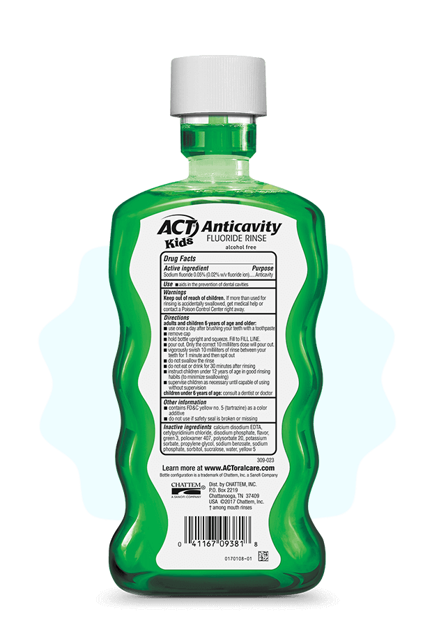 Front and back of ACT® Kids Mouthwashes in a variety of flavors.
