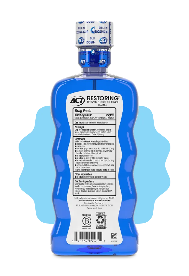 Front and back of  ACT® Restoring bottles in a variety of flavors.