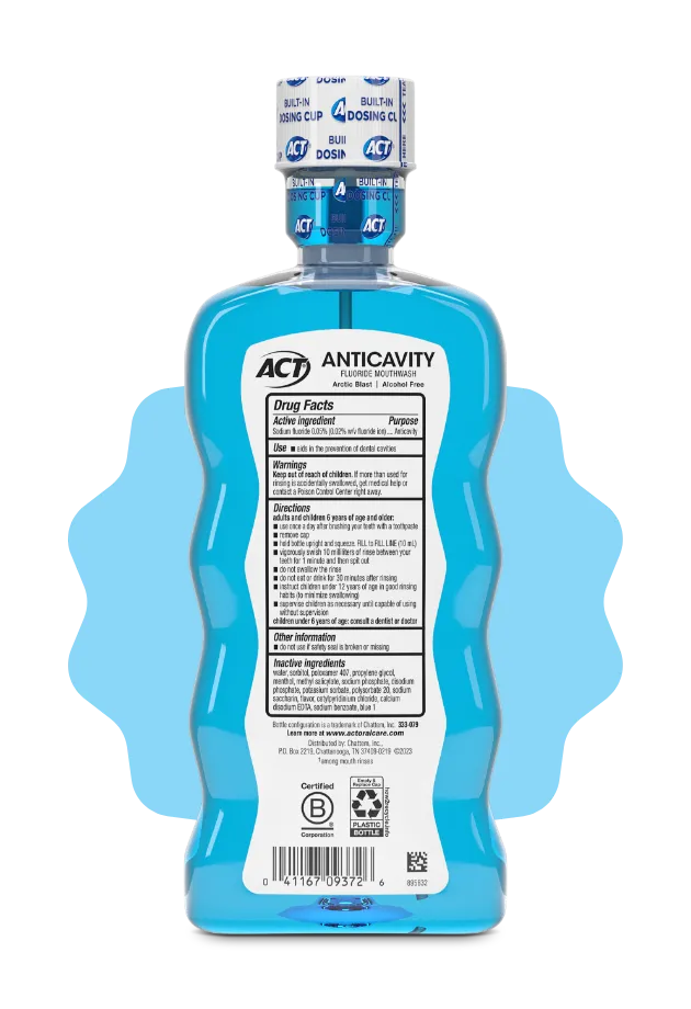 Front and back of ACT® Anticavity Mouthwash bottles in a variety of flavors.