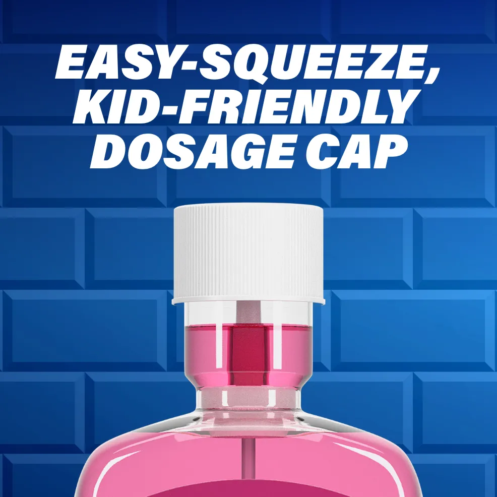 Packaging of ACT® Kids Mouthwash bottles in a variety of flavors and benefit statements.
