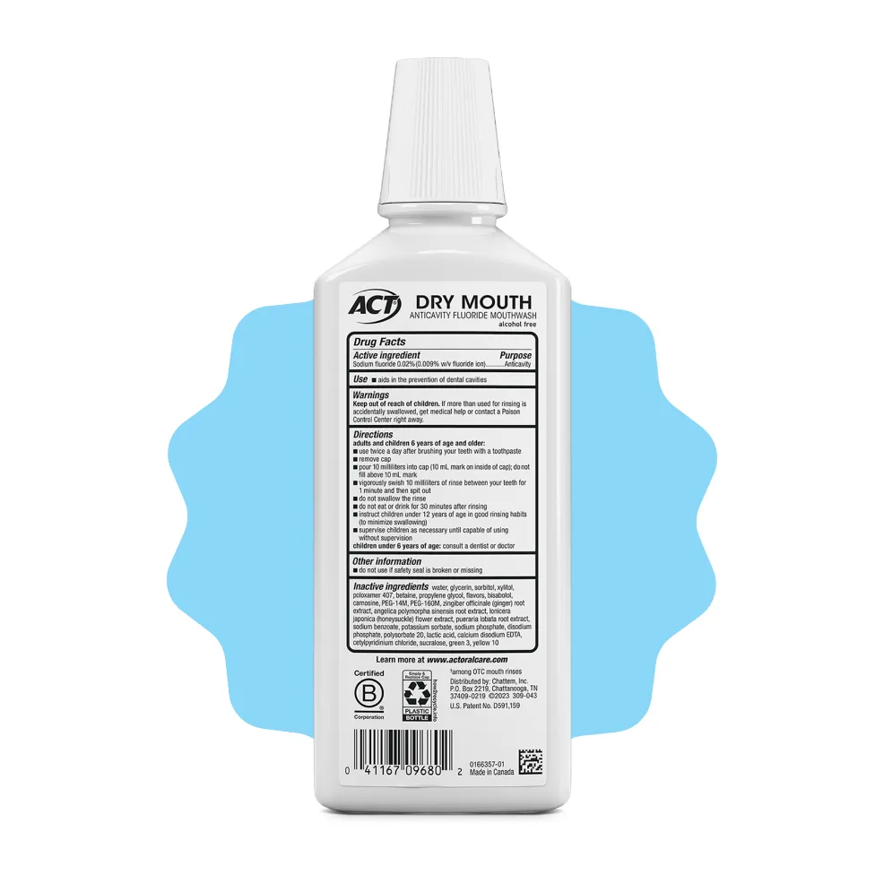 Packaging of ACT® Dry Mouth Mouthwash bottle and benefit statements.