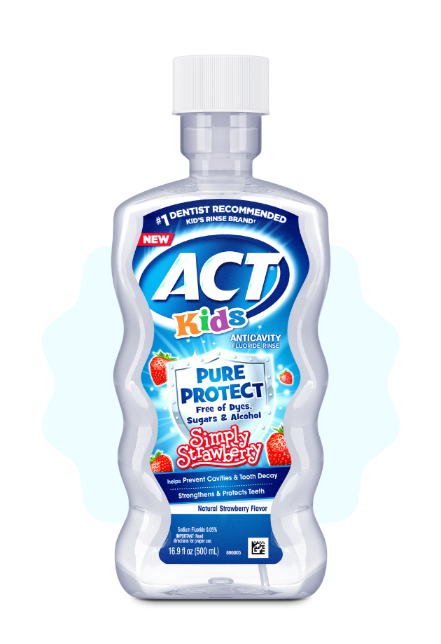 Front and back of ACT® Kids Mouthwashes in a variety of flavors.