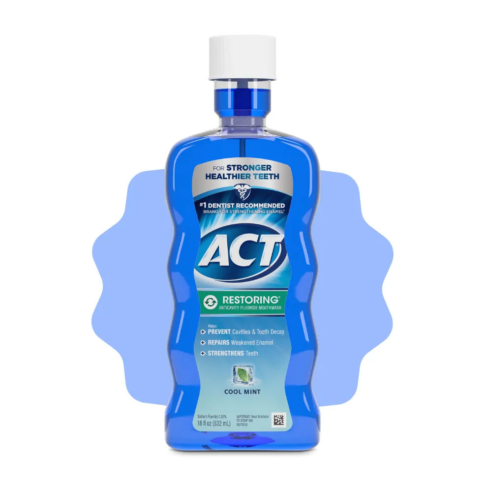 Packaging of ACT® Restoring Mouthwash bottle and benefit statements.