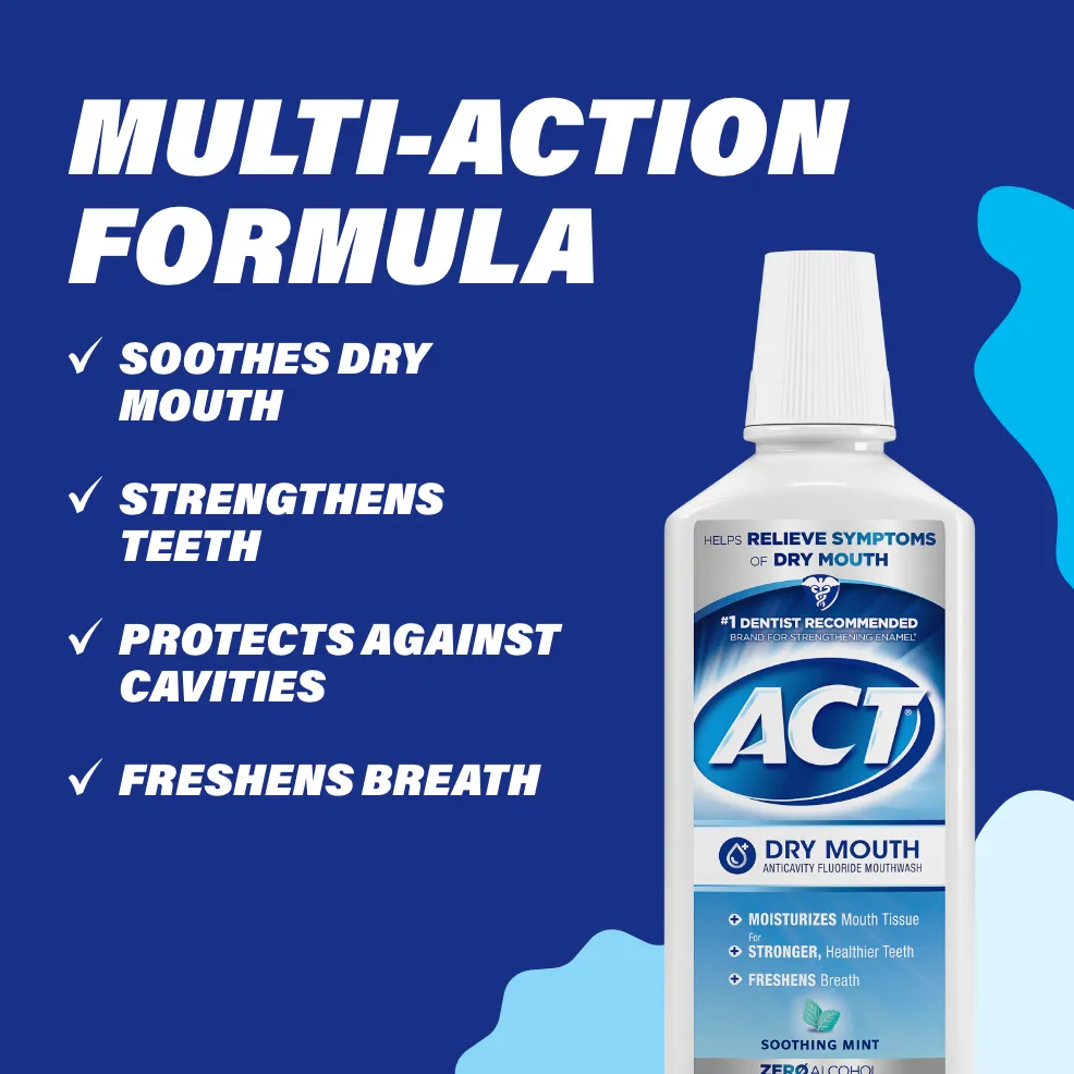 Packaging of ACT® Dry Mouth Mouthwash bottle and benefit statements.